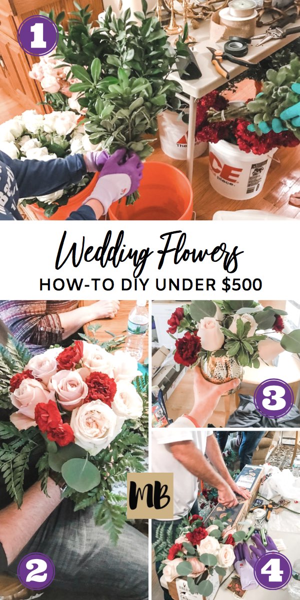 How to DIY Wedding Flowers under $500 including wedding bouquets, centerpieces and decorations. I used Fiftyflowers and show you step by step how I did my own wedding flowers without an expensive florist #weddinghack #diywedding #frugalwedding #weddingflowers