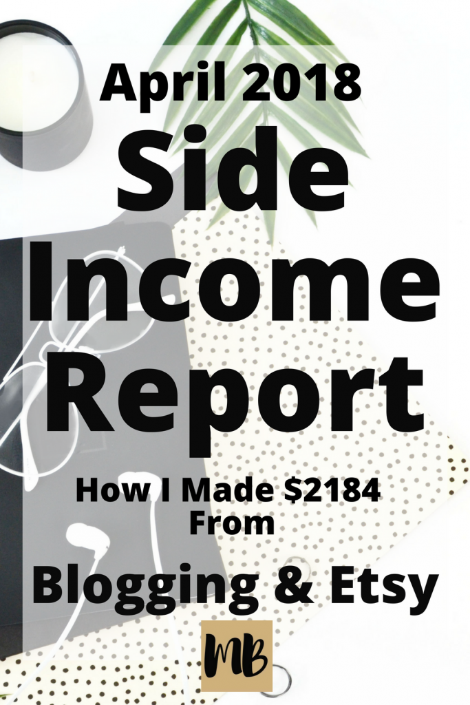 A detailed look at how I made $2184 in April 2018 with side income from blogging and selling on Etsy. #etsy #sidehustle #sideincome #incomereport #blogging #hustle