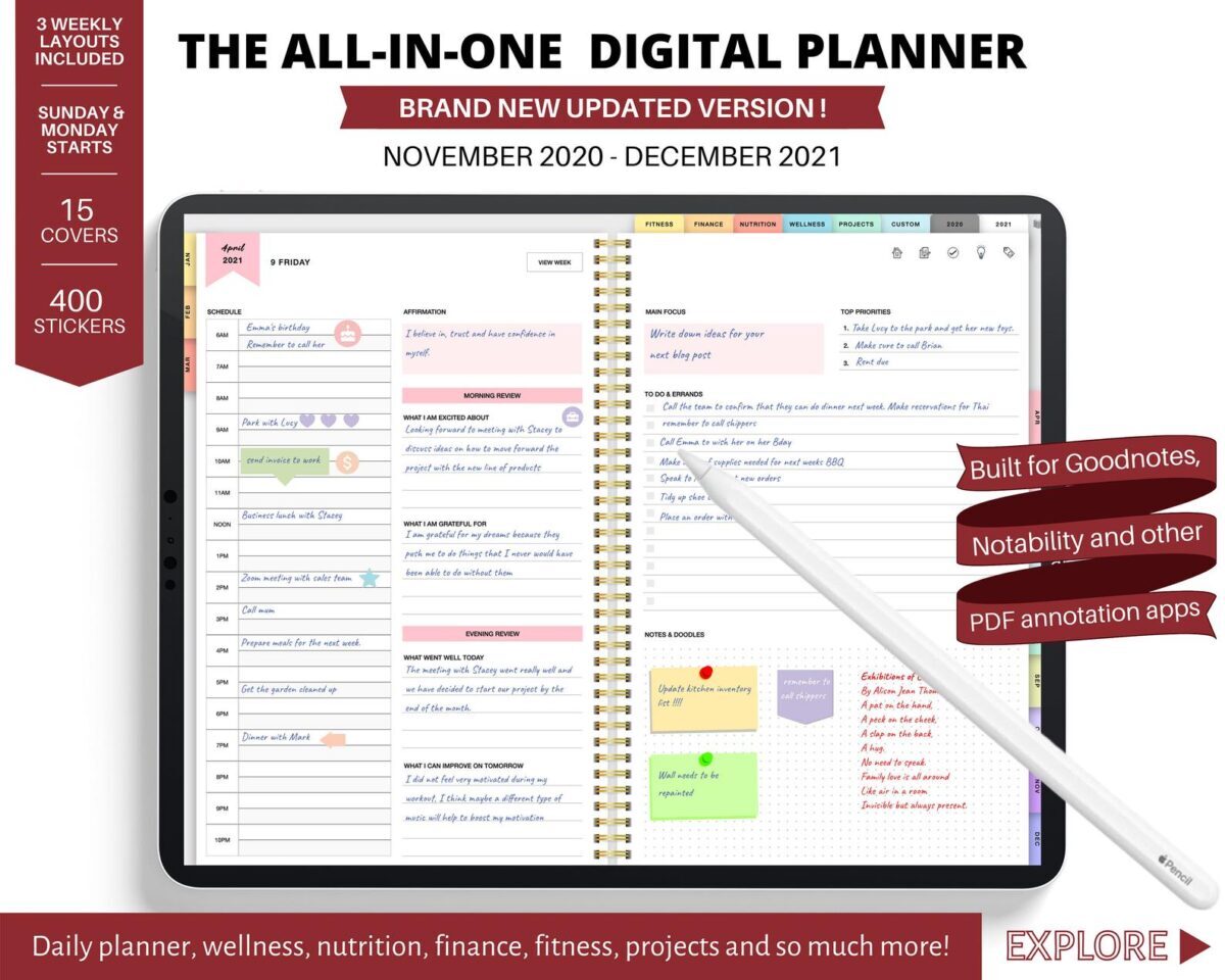 All in One digital planner yearly weekly monthly 2021 downloadable etsy