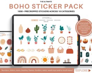 boho stickers digital planner weekly daily monthly yearly 2021