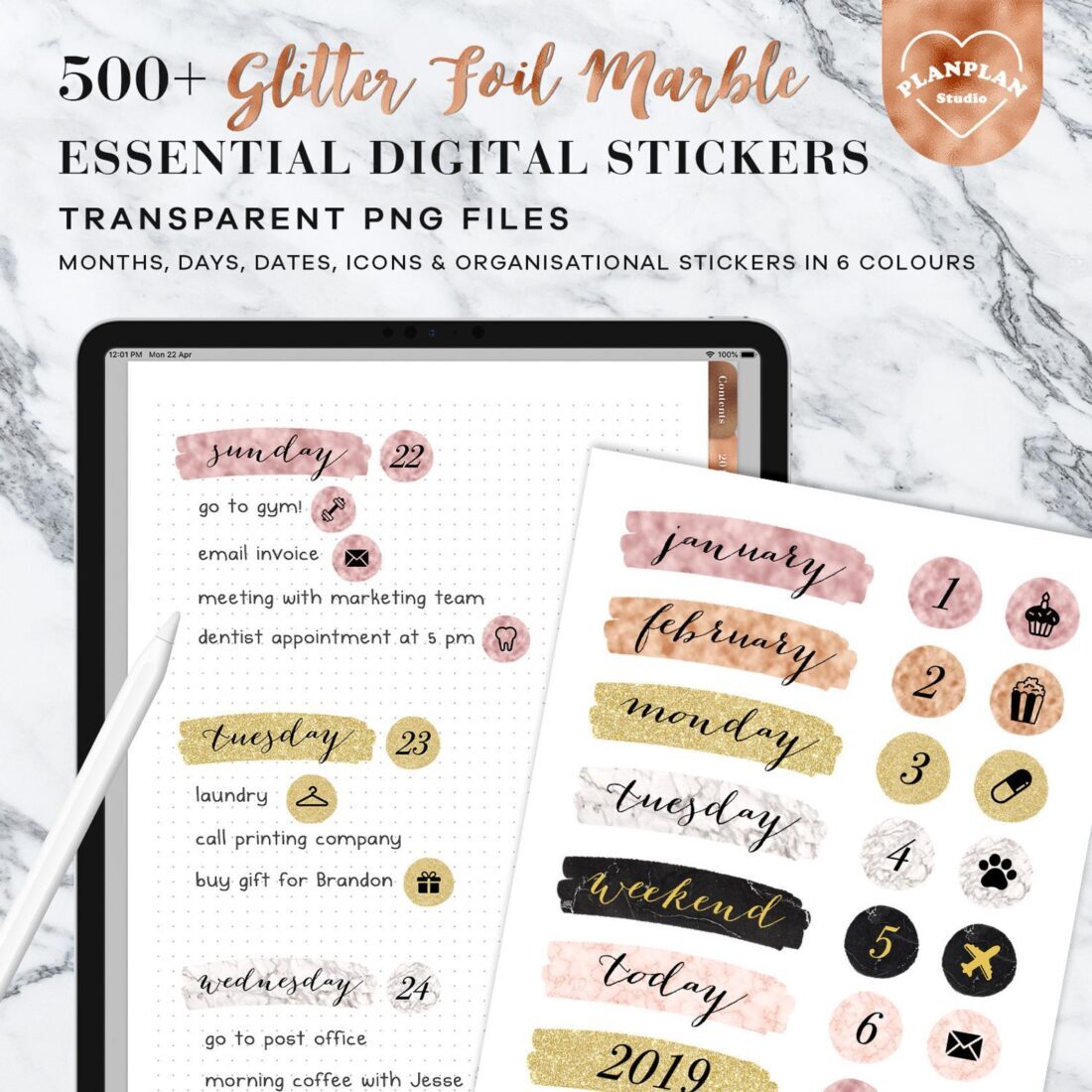 glitter foil stickers digital planner daily weekly monthly annually 2021